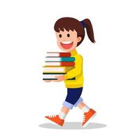 Smiling little girl carrying a pile of books vector