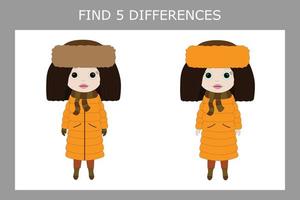 Educational game for children. Find in the row all the differences in girls that are different from others, and circle them vector