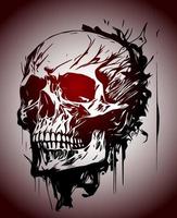 Psychecdelic Skull face, front view and side view. Ink black and red drawing. Vector illustration