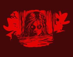 Horror Sketch gothic girl  and half face of goth woman above water. Isolated vector illustration. Fantasy, occultism, tattoo art, coloring book, prints