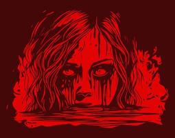 Horror Sketch gothic girl  and half face of goth woman above water. Isolated vector illustration. Fantasy, occultism, tattoo art, coloring book, prints