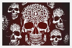 fondo de calaveras vectoriales. ilustración vectorial con varios cráneos en diferentes ángulos nadando en un mar de rosas estilo tatuaje. gran colección de elementos agrupados individualmente. vector