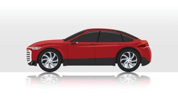 Concept vector illustration of detailed side of a flat red car. with shadow of car on reflected from the ground below. And isolated white background.