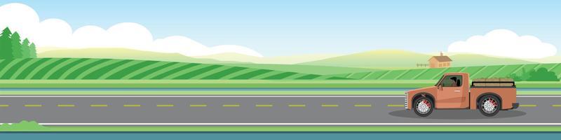 Landscape view of truck car driving on asphalt road for banner background.  Beside with green farm and mountain with village under clear sky for winter travel. Copy Space Flat Vector.