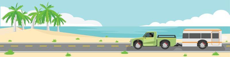 Landscape view of travels of truck  car with motor home for banner. Asphalt road near the sae beach with small grass and coconut trees under clear sky. Copy Space Flat Vector. vector