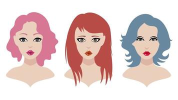 ilustración de chica adolescente con diferentes estilos y pelos de color. chicas jóvenes lindas y hermosas. conjunto de ilustración de mujer bonita. vector