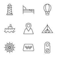 Collection of nine line icons of lighthouse, bed, balloon, ship, direction pointer, tent, taxi, hotel for shops, stores, adverts, apps, ui. Minimalistic editable strokes vector