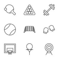 Collection of nine line icons of tennis rocket, billiard, weight, gloves, target for shops, store s, adverts, apps, ui. Minimalistic editable strokes vector