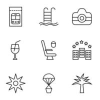 Collection of nine line icons of train, swimming pool, photo camera, cocktail, plane cabin, sun, balloon, palm for shops, stores, adverts, apps, ui. Minimalistic editable strokes vector