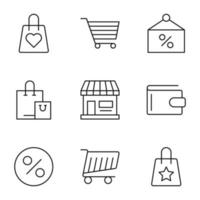 Collection of nine line icons of shopping cart, bag, signboard, wallet, sale, percent for shops, stores, adverts, apps, ui. Minimalistic editable strokes vector