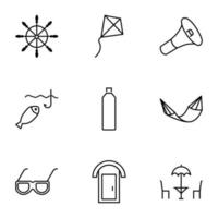 colección de iconos de nueve líneas de volante, cometa, altavoz, pesca, botella, hamaca, vasos, baño, café para tiendas, tiendas, anuncios, aplicaciones, ui. trazos editables minimalistas vector