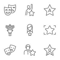 Collection of nine line icons of theatrical masks, actor, bouquet, woman for shops, stores, adverts, apps, ui. Minimalistic editable strokes vector