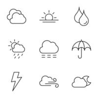 colección de iconos de nueve líneas de sol, lluvia, paraguas, relámpagos, viento para tiendas, tiendas, anuncios, aplicaciones, ui. trazos editables minimalistas vector