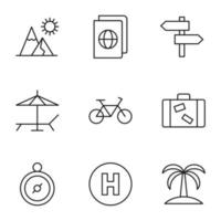 Collection of nine line icons of mountain, ticket, direction point, deckchair, bicycle, suitcase, palm, hotel for shops, stores, adverts, apps, ui. Minimalistic editable strokes vector