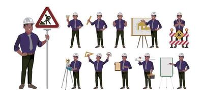 ingeniero de construcción con diferentes poses vector