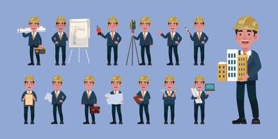 Set of flat engineer with different poses vector