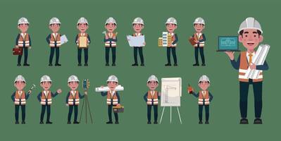 Set of flat engineer with different poses vector