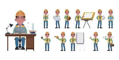 Set of flat engineer with different poses vector