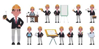 Set of flat engineer with different poses vector