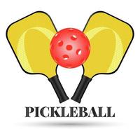 Pickleball emblem. Two crossed rackets and pickleball ball. Active sports for whole family. Pickleball Sports equipment. Logo for sports club. Vector illustration on white background