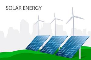 energía verde. Los paneles solares y las turbinas eólicas producen electricidad en una planta de energía renovable verde con el telón de fondo de la ciudad vector