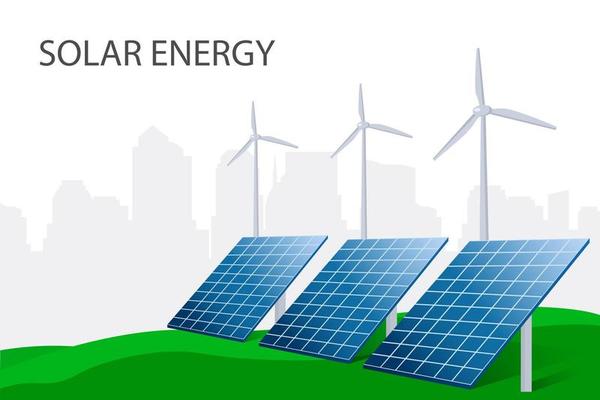 Green energy. Solar panels and wind turbines produce electricity at a green renewable energy power plant against the backdrop of the city