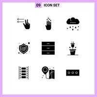 Group of 9 Modern Solid Glyphs Set for interior drawer rain cabinet shield Editable Vector Design Elements