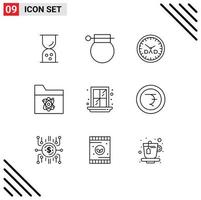 Pack of 9 creative Outlines of interior science weapon folder timepiece Editable Vector Design Elements