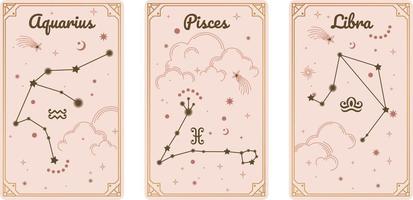 Aquarius Pisces and Libra zodiac symbols surround clouds and stars. Astrology horoscope cards vector illustrations. Elegant symbols and icons of esoteric horoscope