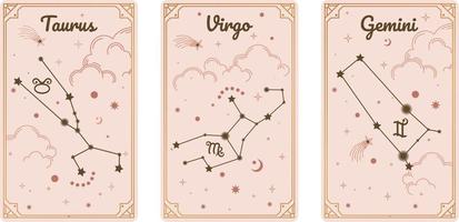 Taurus Virgo and Gemini zodiac symbols surround clouds, stars, luxury, esoteric, and boho styles. Fit for paranormal, tarot readers, and astrologers vector