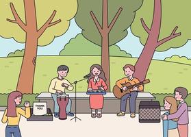 Street musicians are busking in the park. People are listening to their music. vector