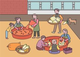 Kimjang day in Korea. Many people are gathering and making kimchi. They are making kimchi with cabbage and radish together in a large container. vector