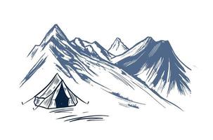 Camping in nature, mountains, hand drawn illustrations vector