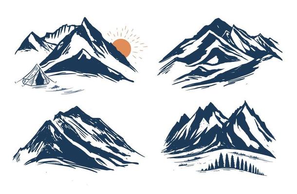 Camping in nature, mountains, hand drawn illustrations