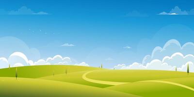 Spring Background with Green Grass Field Landscape with Mountain,Blue Sky and Clouds,Panorama Summer rural nature in with grass land on hill.Cartoon vector illustration backdrop banner for Easter