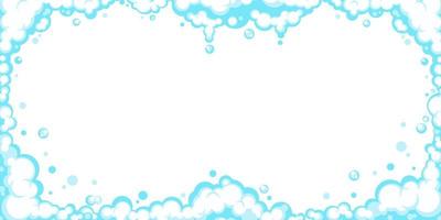 Soapy foam with bubbles. Frame of cartoon shampoo and shaving mousse foam suds. Clouds border. Vector illustration