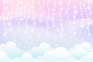 Cloudy sky with lights garland. Cute pastel background. Magic fluffy backdrop for banner, invitation and template. Cartoon vector scene