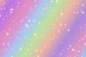 Fondo de fantasía de arco iris. Ilustración holográfica en colores pastel. Fondo femenino de dibujos animados lindo. cielo multicolor brillante con estrellas. vector. vector