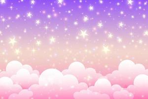 Fantasy pink unicorn background with clouds and stars. Pastel color sky. Magical landscape, abstract fabulous pattern. Cute candy wallpaper. Vector.