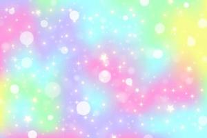 Rainbow unicorn background. Pastel gradient color sky with glitter stars and bokeh. Magic galaxy space. Vector fairy abstract backdrop