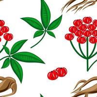 Realistic Botanical ink sketch seamless color pattern with ginseng root, flowers, berries isolated on white, herbs collection. Traditional chinese medicine plant. Vintage rustic vector illustration.