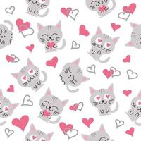 vector seamless pattern with gray cats and hearts