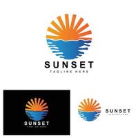 Sunset Beach Logo Design, Seascape Illustration, Red Day Vacation Spot Vector