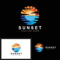 Sunset Beach Logo Design, Seascape Illustration, Red Day Vacation Spot Vector