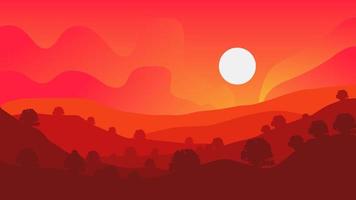 hilly landscape background with trees and moon with warm colors vector