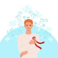 Man with a red ribbon on her chest is a symbol of the fight against AIDS. The concept of prevention of HIV infection. Vector flat illustration