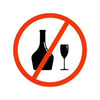 A set of black silhouettes of a bottle and a glass in a red crossed out circle. Vector clip art isolate on white. Alcohol ban illustration