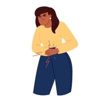 Severe abdominal pain. Appendicitis, painful menstruation. Woman holding her stomach. Flat vector illustration