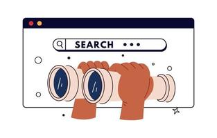 Searching information on Internet. Hands hold binocular and looks into them. Concept of search, research or strategy for business. Flat vector illustration
