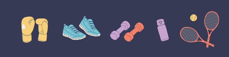 Workout stuff bundle. Various sport inventory set. Isolated flat vector illustration.